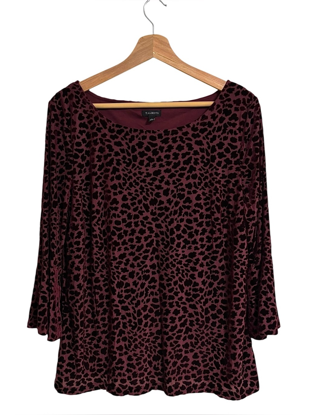 Talbots burgundy lined velvet burnout textured animal print bell sleeve Top L